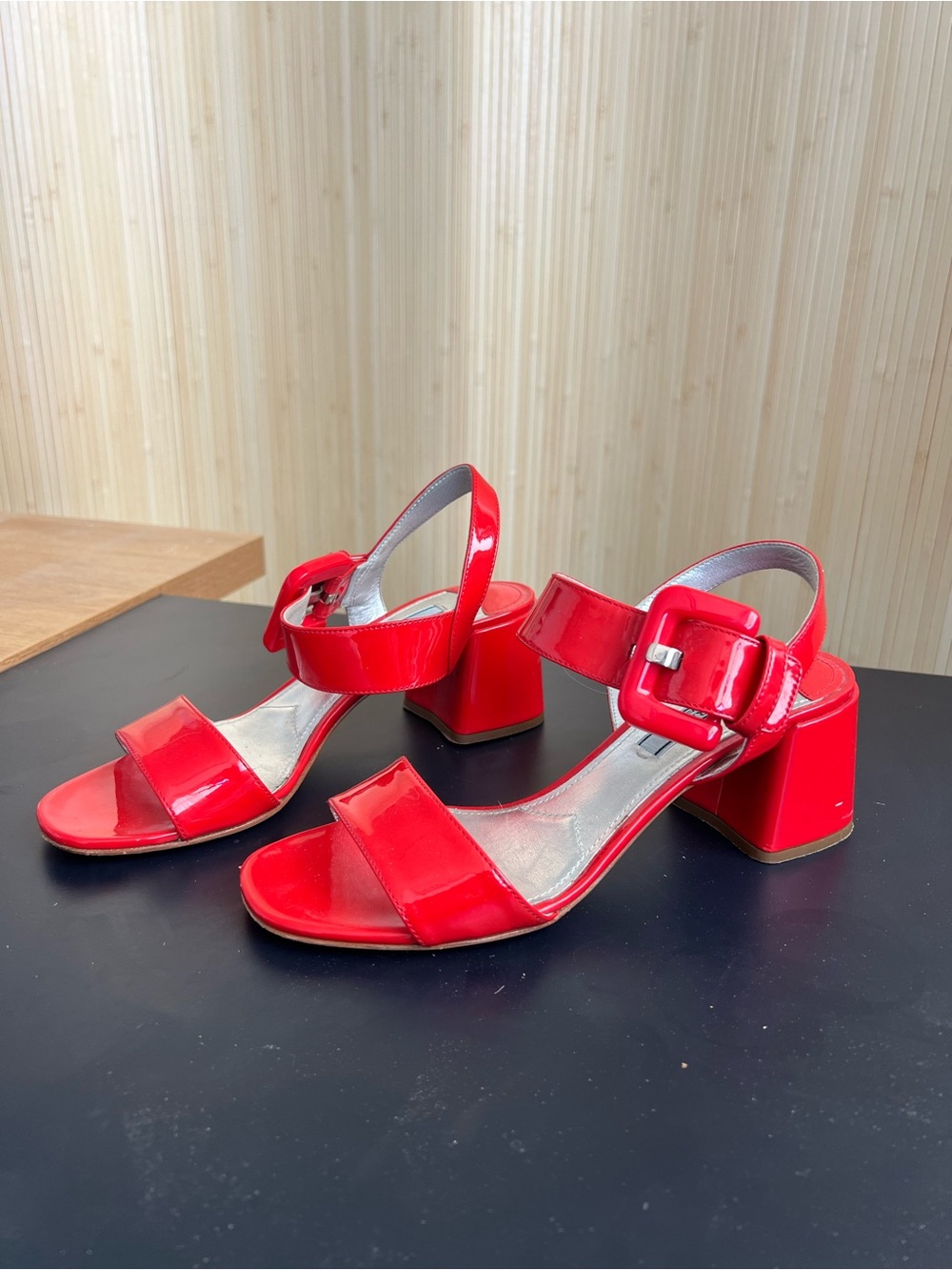 Prada‎ Red Patent Block Heel Sandals with Buckle Strap size 38